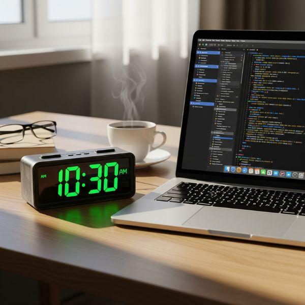Reparación en menos de 6 horas Notebook abierto junto a reloj digital marcando tiempo exprés