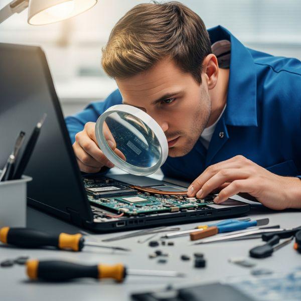 Diagnóstico sin costo en menos de 24 horas Técnico revisando notebook con lupa en taller NeedCom
