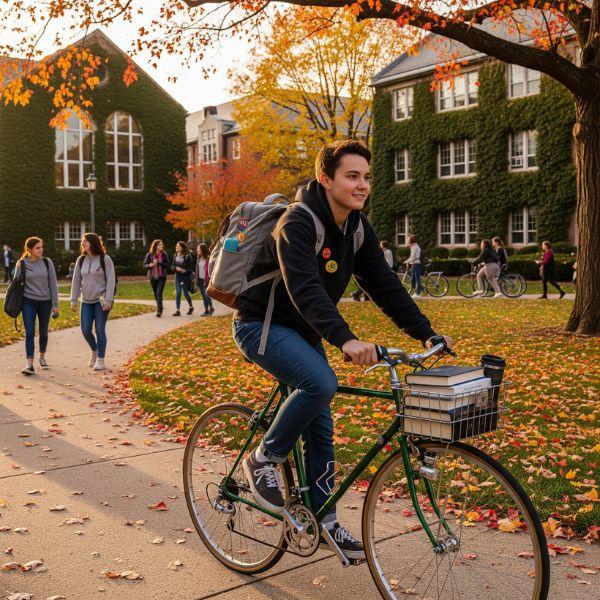 20% de descuento para estudiantes y ciclistas Estudiante con mochila y bicicleta mostrando credencial