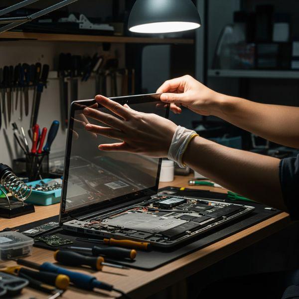 Técnico cambiando pantalla de notebook